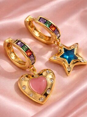 Gold Rainbow Charm Earrings –Heart & Star Drop, Colorful Crystal Statement Hoops